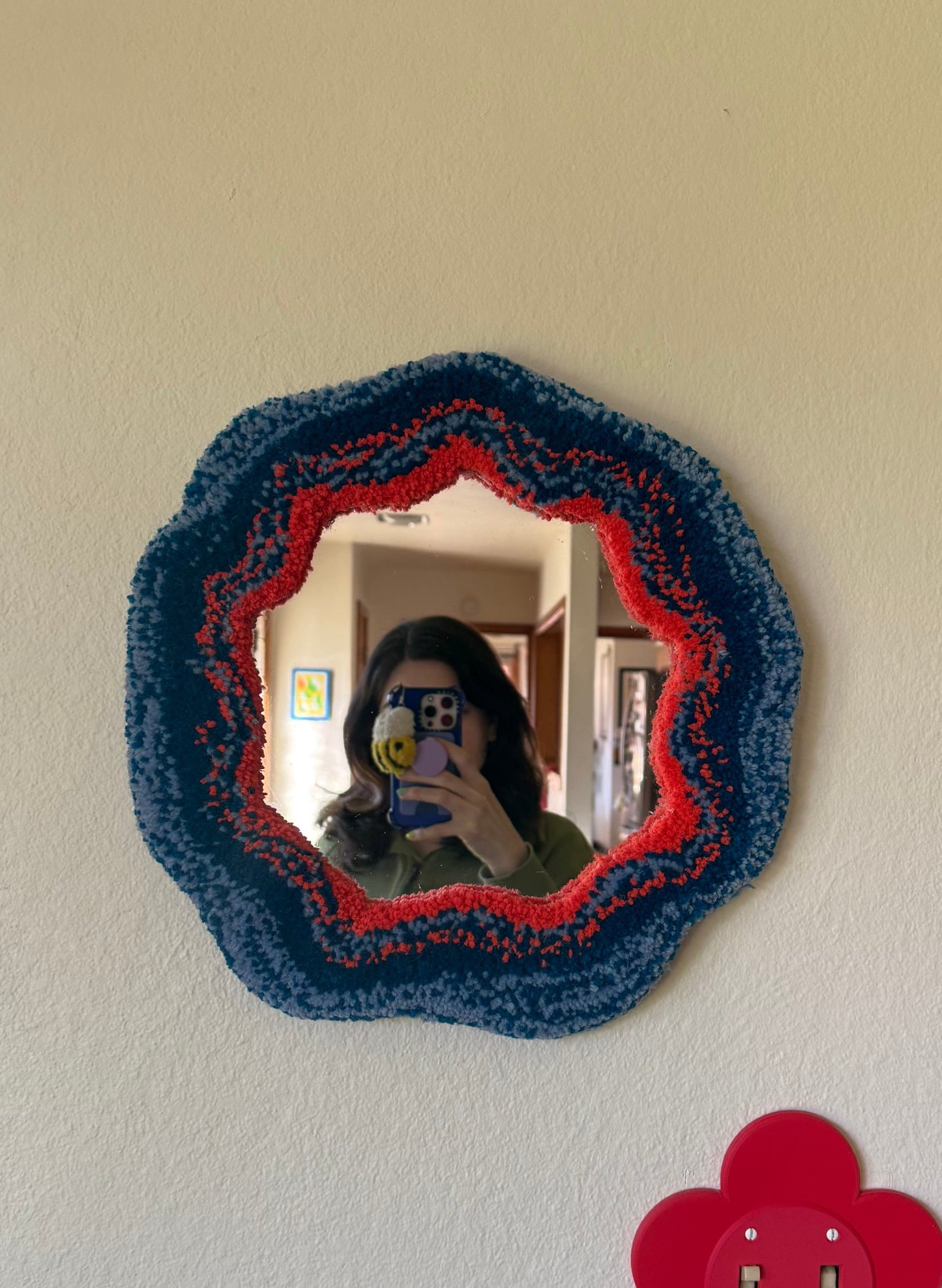 Blue and Neon Orange Blob Circle Mirror